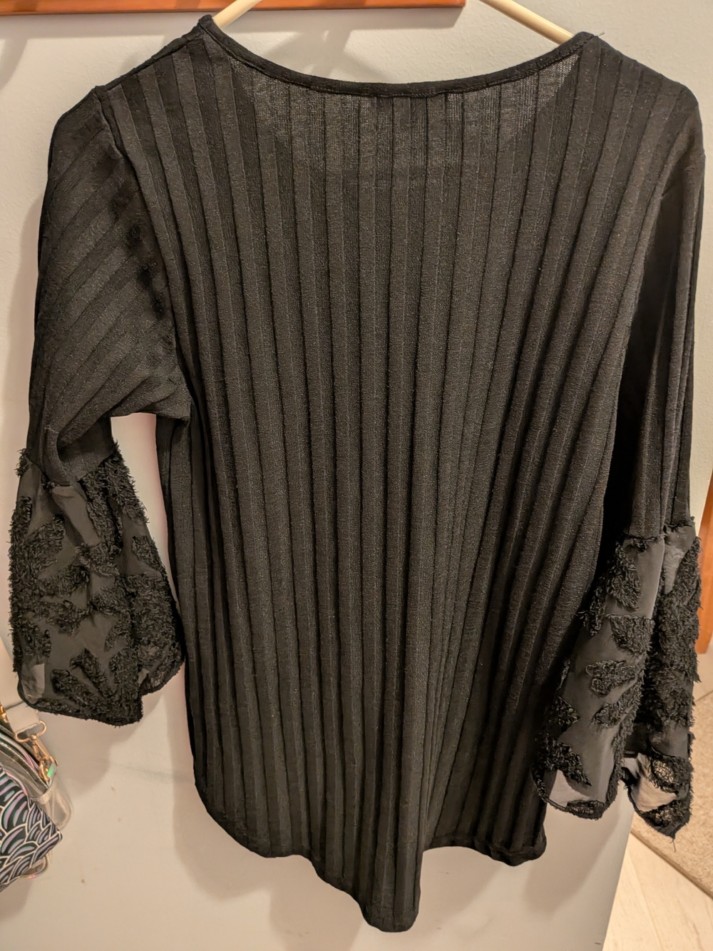 Black Ribbed Top with Lace Bell Sleeves - Picture 5 of 6
